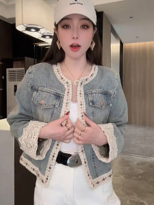 Elegant Boho Beaded Lace Trim Denim Jacket