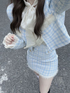 Rich เด็กผู้หญิง ลายสก็อต เดรส ชุดสองชิ้นฤดูใบไม้ร่วง ฤดูหนาว ผู้หญิง ละครเกาหลีตัวละครหลักชุดนมสูง เอว กระโปรงทรงเอ