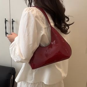 [Ready] Bag for Woman Patent Leather Tote Bag Fashion Minimalist Solid Color Pu Leather Bag Casual Shoulder Crescent Bag Fashion Large Capacity Hand bag Tote Bag Shoulder Bag
