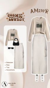 One set Baju Cewek OOTD Kekinian ( Sweater Crop + Rok Cargo + Tas + Kacamata ) AM230R Setelan 3in1