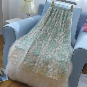 กระโปรงสั้นผ้าตาข่ายปักลายเอวสูง กระโปรงสั้นลูกไม้สไตล์เกาหลี กระโปรงทรงเอสีพื้น ฤดูใบไม้ผลิและฤดูร้อน