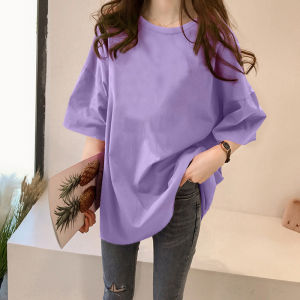 plus Size Solid Color Red Short Sleeve Womens T-Shirt Spring Summer Loose Fit Mid-Length Korean Style round Neck Top