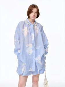 XIAOLI | Áo Sơ Mi Nữ Thêu Gai Nhúng Xanh