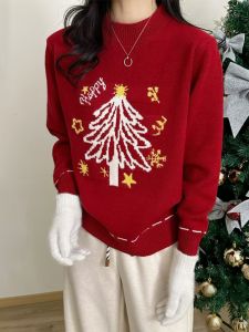 Christmas Red Loose Knitted Sweater Womens Autumn Winter Half High Collar Korean Style Winter Base Shirt Warm Thermal Top