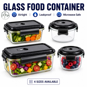 Glass Food Container Airtight Leakproof Microwave Safe Food Storage Box Round Rectangle 520ml 820ml