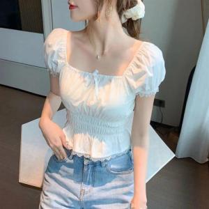 French Style Summer New  Square Collar Short Sleeve Lace Shirt Bubble Sleeve Short Length Waist Cinched Elegant Top