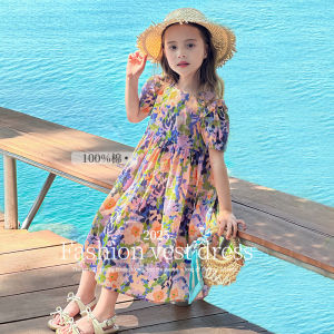 Pure Cotton Floral Print Dress Girls Summer Clothing Bubble Sleeve Midi Skirt French Style Soft Cotton Fabric for Kids And Tweens