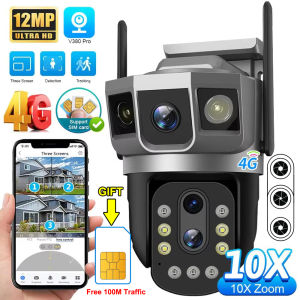 4G IP Camera With 4G Sim Card 12MP 6K Triple Screens Optical Zoom PTZ Motion Detect Color Night Vision V380 Pro Security Monitor