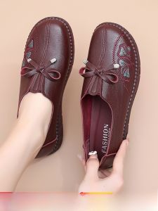 SHIPAILUO | Comfortable Soft Bottom Mom Shoes Flat Bottom Womens Footwear Anti-Slip Slip-On Flats Vintage Style Round Toe Leather Shoes