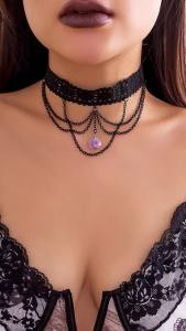 Ingemark | Goth Black Lace Purple Stone Pendant Choker Necklace for Women Vintage Multilayer Metal Chain Halloween Party Jewelry Steampunk
