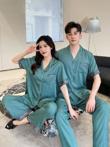 DTHN | ชุดนอนผ้าไหมน้ำแข็งแขนสั้นบางสบายๆ สำหรับคู่รัก ชุดนอนผ้าฝ้ายระบายอากาศได้ดี ชุดนอนฤดูร้อน ชุดนอนผู้หญิง ชุดนอนผู้ชาย ชุดนอนลำลอง