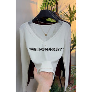 Stylish V-neck Lace Stitching Long Sleeve T-shirt Tops Womens Fall and Winter New Arrival Elegant Slimming Inner Pure Color Bottoming Shirt