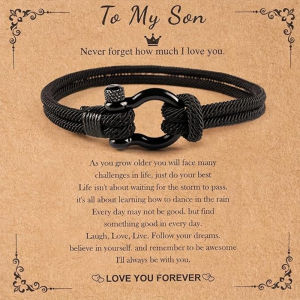 Black Horseshoe Buckle Woven Rope Bracelet With Inspirational Card Gifts For Son Boys Jewelry