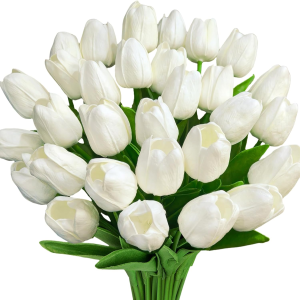 5Pcs White Fake Tulips Artificial Flowers Real Touch PU Faux Tulips Flowers Arrangement Artificial Plants Indoor for Wedding Mothers Day Home Decoration