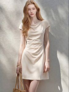 French Style Pleated Waist Simple Elegant Summer Short Dress