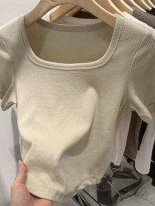 Áo Thun Nữ Cổ Vuông Hở Xương Quai Xanh Cạp Cao Ôm Sát Mùa Hè Tay Ngắn Dáng Chữ a Màu Trơn Phong Cách Đường Phố