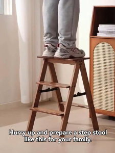 Foldable Ladder Bamboo 3 Steps Stool Portable Ladder Heavy Duty Function Multifunctional Bamboo Ladder Stool Wooden Folding Ladder