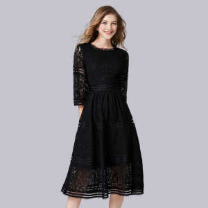 Autumn Winter Womens Fleece Lined Lace Dress Long Sleeve Slimming Midi Skirt High Waist a Line Dress Zipper Closure