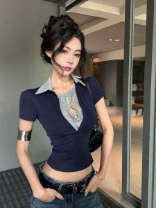 GUZILIAN | Retro Splice Lace Short Sleeve Polo Neck Slim Fit T-Shirt Women Summer New Color Block Fake Two-Piece Style Commute Fashion Korean Brand GZL10208735