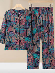 Elderly Womens Summer Cotton Silk Two-Piece Set Casual Open Cardigan Home Clothes Mid-Sleeve Fashionable Loose Fit