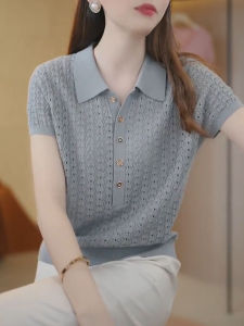 UYFY | Áo sơ mi nữ tay ngắn màu xám cổ bẻ rộng rãi thường ngày mùa hè 2025 thời trang thanh lịch áo chui đầu dáng chữ A đa năng