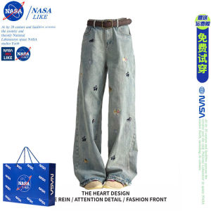 Quần Jeans Denim Ống Thẳng Thử Thách Thời Gian Đính Thêu Mèo NASA Quần Jeans Nữ Dáng Rộng Mùa Xuân 2025 Chất Liệu Cotton