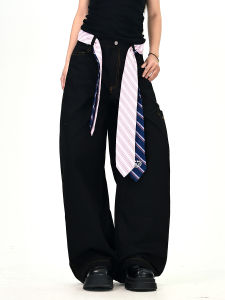 Black Tie Design Loose Womens Jeans Korean Style Streetwear Floor-Length Pants Autumn New Arrival PMFIVEE Natural Waist