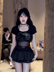 Spicy Glitter Heavy Duty Black T-Shirt And High Waist A-Line Mini Skirt Set Womens Fashion Spring Summer Short Sleeve