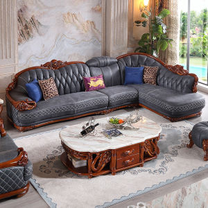 European Style Sofa Combination Genuine Leather Living Room Solid Wood Carved Corner Large and Small Apartment Type Luxury First Layer Cowhide Ugyen Wood