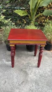 โต๊ะเคียง ไม้สัก กว้าง 40X ยาว 50X สูง50 Cm สีแดงโบราณแต่งเส้นติดกระจก โต๊ะข้าง โต๊ะกลาง