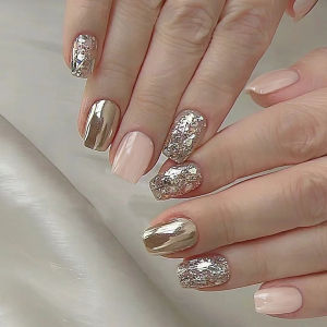 24pcs/set Short square fake nails for women girls Sparkling glitters with nude brown golden glossy nail tips press on false nail