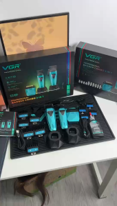 VGR 877S3 Professional Hair Cutting Kit with LED Display & Charging Base Cordless Barber Clippers Turbo High-Speed 9000RPM Motor All-in-One Grooming Set