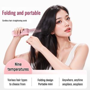 Portable Negative Ion Folding Dual Purpose Comb Wireless Charging Curl Straight Hair Portable Comb 负离子不伤发折叠便携直发梳