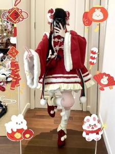 New Year Red Patterned Lolita Qipao Dress Chinese Style Princess Skirt Short Length Long Sleeve A-Line Skirt for Women