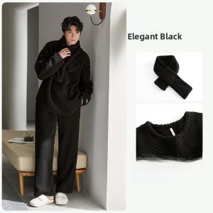 yuenei | YueNei Mens Sleepwear Round Neck Pullover Fleece Lined Thickened Flannel Coral Velvet Home Clothes Black Winter Style Set