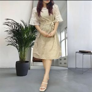 Mini Dress Brokat Kombi Katun Square Dress Remaja Tanggung Kasual Dress Santai Yuraku Zh
