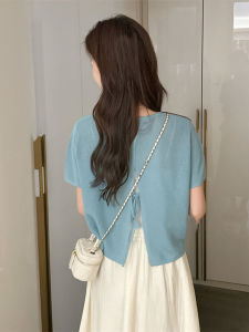 Summer Thin Loose Ice Silk Short Sleeve Knitted Sweater Womens Fashion Back Split Top Slimming Short Length Comfortable Fit