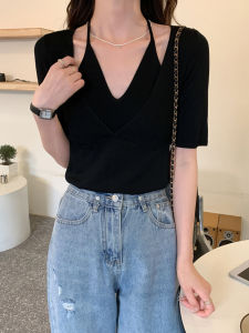 Plus Size Womens Clothing Summer Stylish Fashion Western Style V-neck Halter Top Fat Sister mm Fake Two Pieces Short Sleeve T-Shirt Women