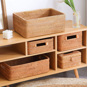 Handmade Rattan Storage Basket With Handle Household Supplies Snacks Fruit Sundries Laundry Finishing Storage Basket