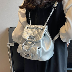 Fashionable Silver Diamond Pattern Womens Backpack Travel Chain Soft Surface Bucket Shape Small Size Leisure PU Backpack