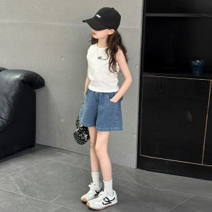 Summer Outfit Vest Butterfly Knot Denim Shorts Korean Style Sweet Princess Two-Piece Set for Girls Breathable Thin Model Shot