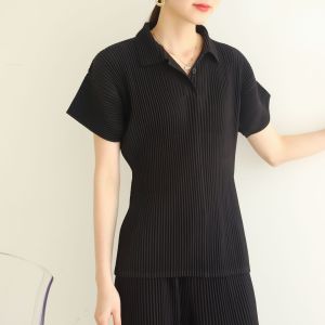 Miyake Style Women Pleated Top Thick Fabric Pleated Commuter Polo Collar Top 7323