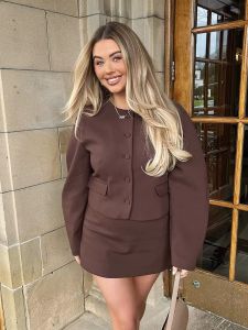 HH Women Fashion Skirt Set Elegant Single Breasted O-neck Coat Long Sleeve Crop Outwear Female Chic Slim Pencil Mini Skirts