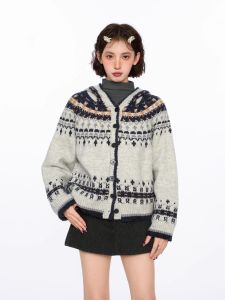 Áo Khoác Len Cardigan Dày Màu Xám Fair Isle Có Mũ Trùm Đầu Cho Nữ Mùa Thu Đông Mới Về Dáng Rộng Cổ Chữ V Nút Cài