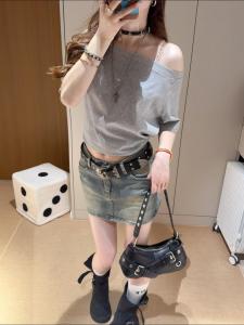 Váy Ngắn Denim Phong Cách Mỹ Cổ Điển Cho Nữ Mùa Hè Mới Cạp Cao Ôm Sát Chữ a Hở Lưng Váy Nửa Thân