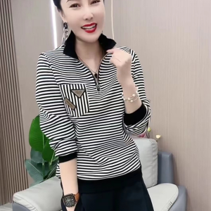 เสื้อยืดคอตั้งปิดกั้นครึ่งตัว เสื้อแจ็คเก็ตพาร์ก้าผู้หญิง ทรงเข้ารูป ลายทาง ฤดูใบไม้ผลิ 2025 แบรนด์ Linyan วัสดุผสมโพลีเอสเตอร์