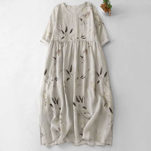 Summer Cotton Linen Long Dress Womens Loose Fitting Maternity Dress Korean Style A-Line Skirt Floral Print round Neck Dress