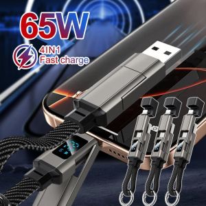 65W 4-In-1 Charging Cable With Digital Display Portable Keyring Metal-Braided Data Cable for iphone17 Samsung Galaxy