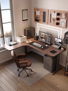 Smart Electric Height Adjustable Solid Wood Corner Computer Desk Home Office Workstation L-Shaped Desk Standing Desk Table