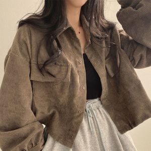 Short Black Corduroy Cardigan Womens Spring Autumn New Style Korean Version Commute Wind Loose Fit Long Sleeve POLO Collar
